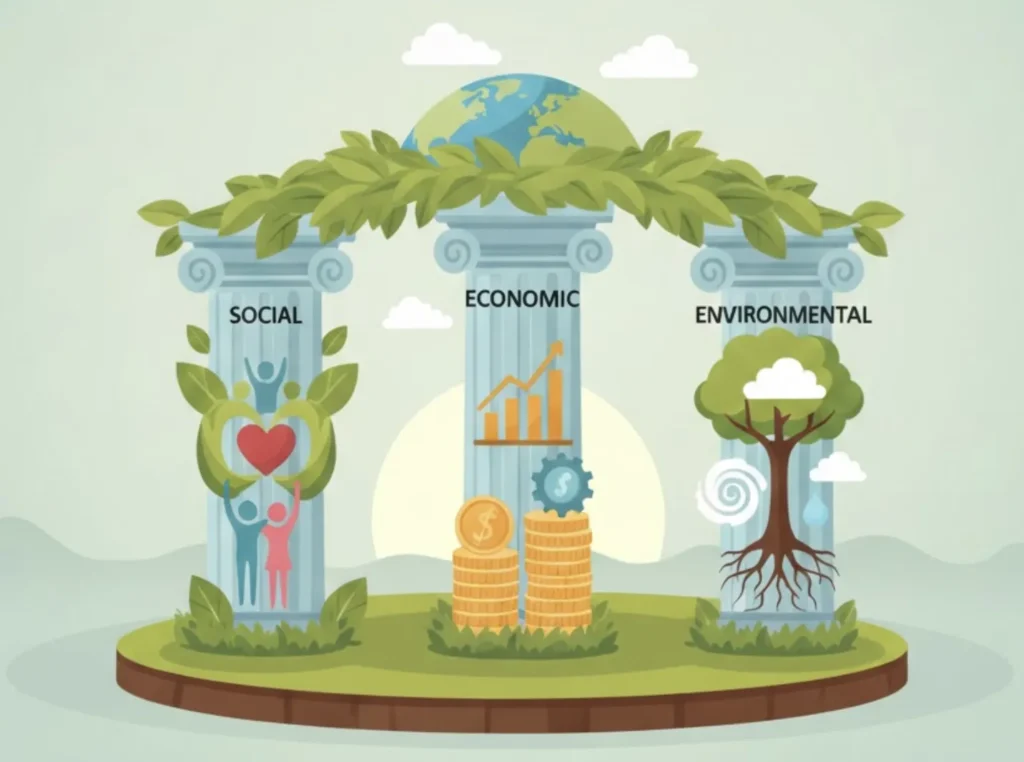 Sustainability is often described through the three pillars of social, economic, and environmental factors.